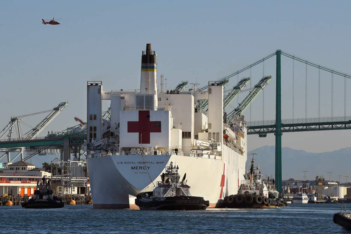 FILE - The USNS Mercy hospital ship enters the Port of Los Angeles, March 27, 2020. The Solomon Islands government on Wednesday, Aug. 31, 2022.