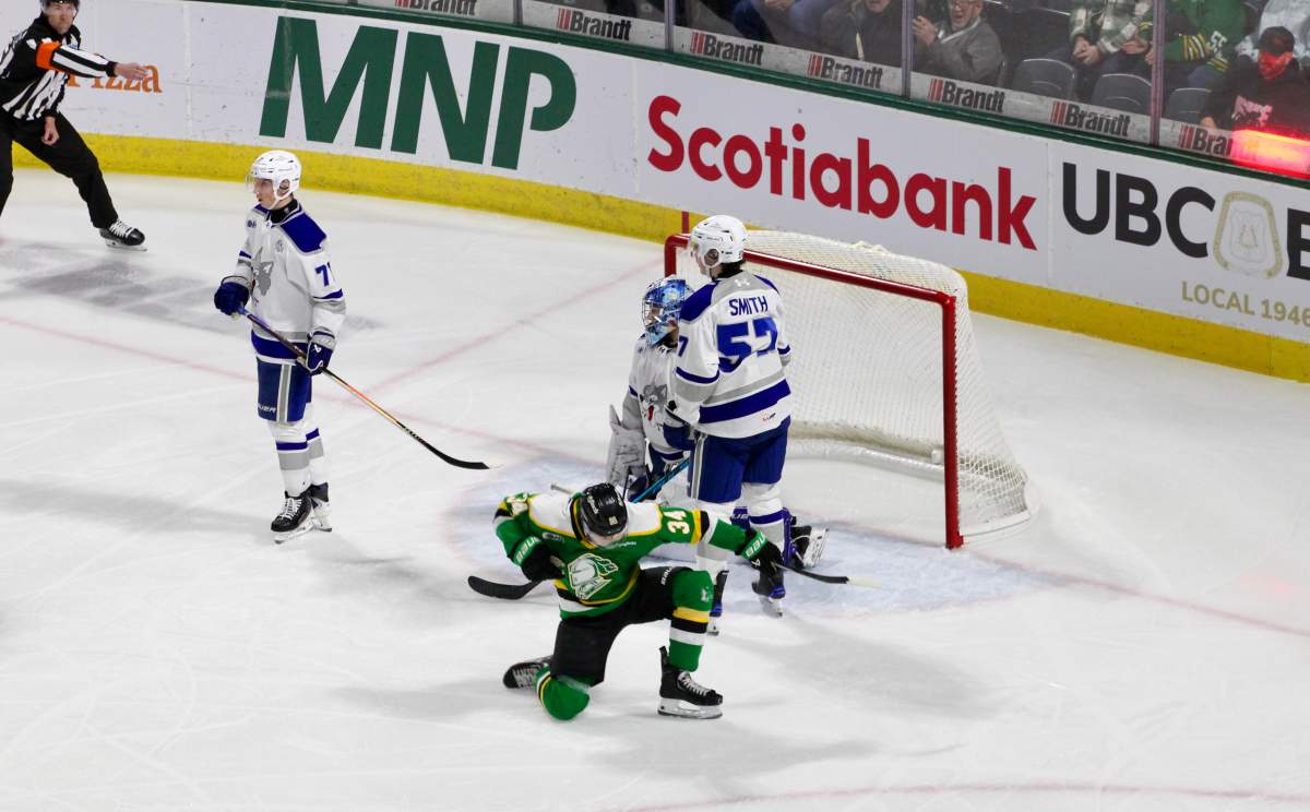Cohen Bidgood scores a first period goal for the London Knights in a victory over the Sudbury Wolves on Feb. 22, 2026 at Canada Life Place.