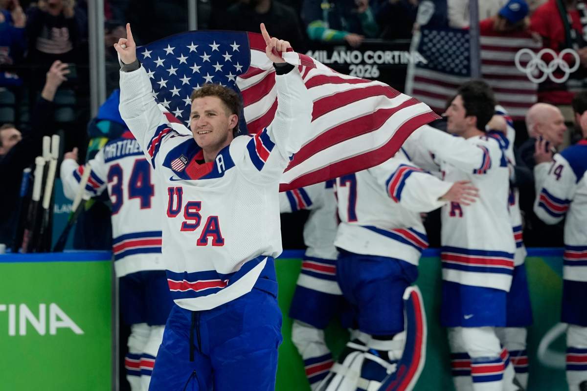 United States' Matthew Tkachuk (19) celebrates after the United States defeated Canada in a men's ice hockey gold medal game between Canada and the United States at the 2026 Winter Olympics, in Milan, Italy, Sunday, Feb. 22, 2026. 
